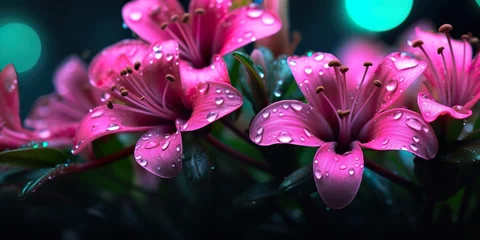 Fototapeten Pink flowers with water droplets, on dark green background. Wallpaper art, pattern for postcards and backgrounds neon lights © ranjan