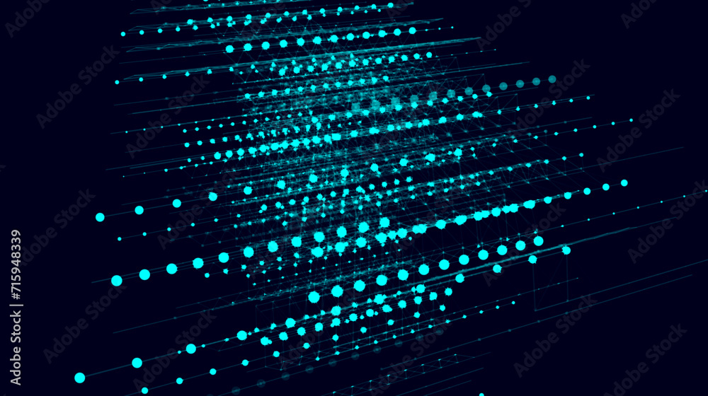 Poster Abstract digital blue background with matrix. Science backdrop of many particles. Big data visualization. Vector illustration.