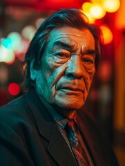 Old Latino Man with Brown Straight Hair vintage photo. Portrait of a person in 1980s aesthetics. Punk fashion. Historic photo Ai Generated Photorealistic Vertical Image.