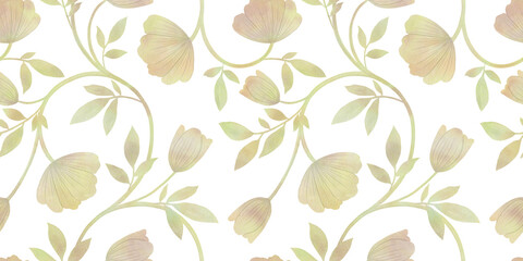 Seamless abstract pattern, pink and orange, drawn in watercolor on a white background for the design of wrapping paper, wallpaper, cards