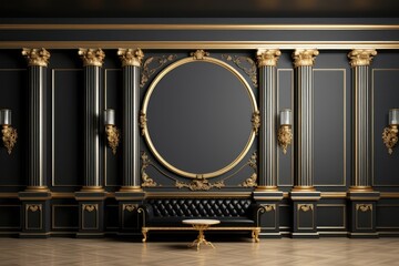 backdrop of a black wall with gold elements and columns, epitomizing timeless luxury. - obrazy, fototapety, plakaty