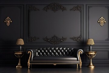Create a sense of luxury with a black sofa and black wall, gold accents, and columns, setting the stage for elite presentations. - obrazy, fototapety, plakaty