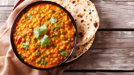 Indian popular food Dal Tadka Curry served with roti flatbread close-up on the table. horizontal...
