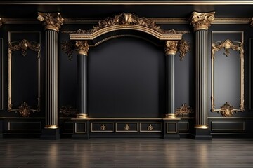 Classic black wall adorned with gold accents and columns, a luxurious backdrop for sophisticated designs.