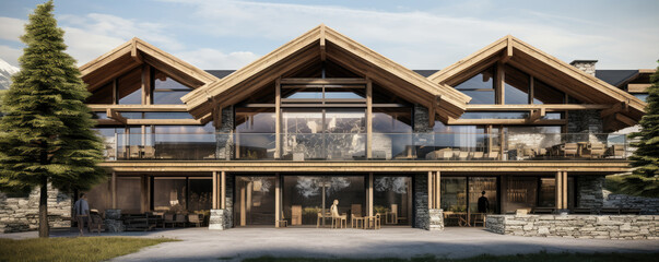 Obraz premium Wooden modern chalet in alps mountains. Super modern houses or huts with big windows