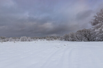 Dramatic blue sky with clouds over snowy field
