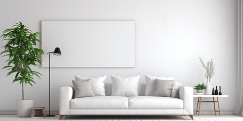 White living room interior with white sofa, space for text, photographic