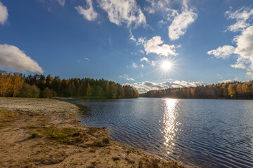 Fototapeta na wymiar Осенний лес отражается в воде. Красочное осеннее утро. Красочный осенний пейзаж.