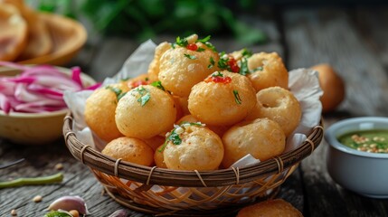 Panipuri or fuchka fhuchka or gupchup or golgappa or Pani ke Patake is a type of snack that originated in the Indian subcontinent - obrazy, fototapety, plakaty