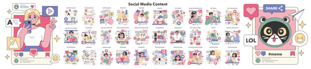 Social Media Content set. Diverse digital interactions ranging from news to lifestyle. In-depth exploration of online engagement. Flat vector illustration. - obrazy, fototapety, plakaty