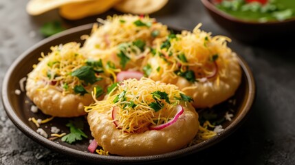Papri OR Papdi chat also known as Sev Batata Puri - popular indian snacks or street food, selective focus - obrazy, fototapety, plakaty