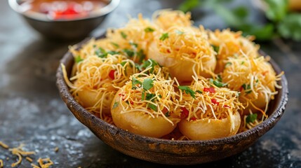Papri OR Papdi chat also known as Sev Batata Puri - popular indian snacks or street food, selective focus