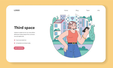 Third place web banner or landing page. Social surroundings, separate from home and workplace. Community life building, people interaction and communication zone. Flat vector illustration