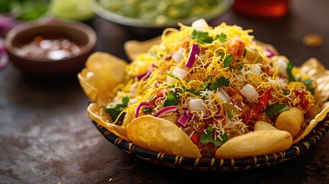 Papri OR Papdi chat also known as Sev Batata Puri - popular indian snacks or street food, selective focus