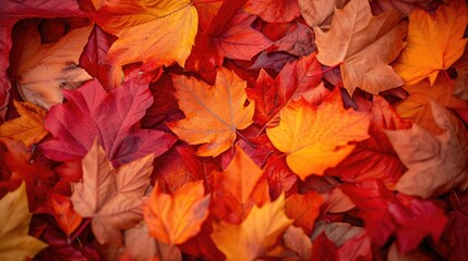 Naklejka na ściany i meble Red and orange autumn leaves background. Outdoor. Colorful backround image of fallen autumn leaves perfect for seasonal use. Space for text.