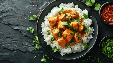 Rice with chicken in curry sauce on plate on black stone background