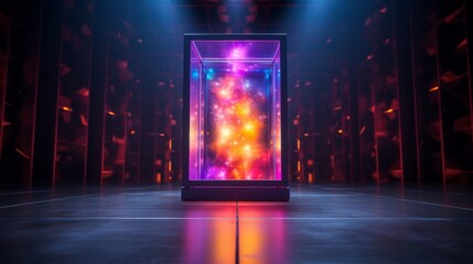 Glowing glass box filled with iridescent neon light standing in dark mysterious room lit by dim lights. Abstract illuminated cube with bright electronic colorful lights. 3D rendering.