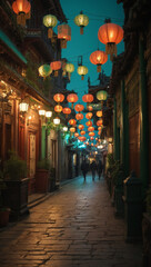 Fototapeta premium Illuminate ancient city streets at dusk.