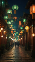 Fototapeta premium Illuminate ancient city streets at dusk.