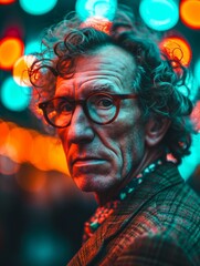 Old White Man with Brown Curly Hair vintage photo. Portrait of a person in 1980s aesthetics. Punk fashion. Historic photo Ai Generated Photorealistic Vertical Image.