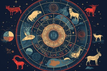 Illustration showcasing zodiac signs within a circular layout. Generative AI - obrazy, fototapety, plakaty