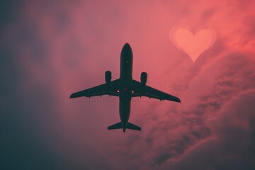 Naklejka premium illustration outline of an airplane and heart on pink background, in the style of snapshot aesthetic,