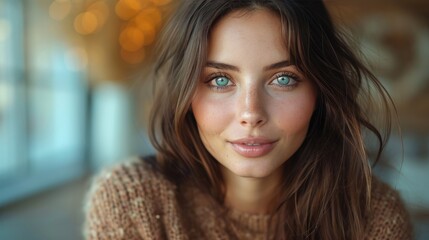 Obraz premium A captivating lady with striking blue eyes, adorned in stylish clothing and featuring a perfectly framed portrait of her beautifully layered brown hair, alluring lips, and defined eyebrows