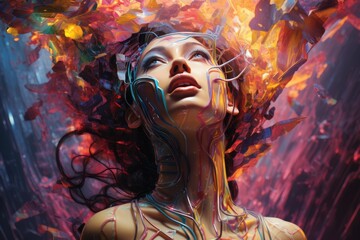 Abstract colorful close-up portrait of beautiful young woman looking up with passionate expression on her face. Oil, acrylic painting of female face. Illustration of modern art and design. - obrazy, fototapety, plakaty