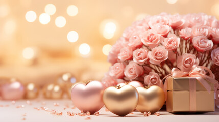 Obraz na płótnie Canvas Pink and gold volumetric hearts, pink roses bouquet and gift box, wrapped with pink ribbon against the blurred background with bokeh effect. Valentine's Day concept.