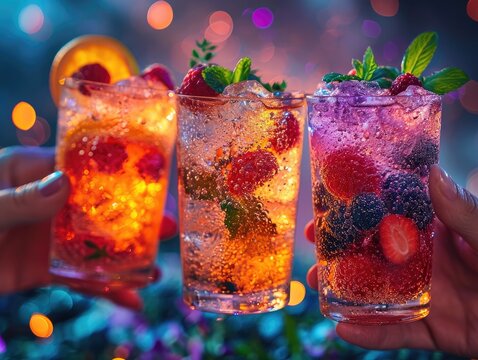 Refreshing cocktails with vibrant fruit garnishes, chilled by ice cubes, ready to be enjoyed in an outdoor setting with friends and family