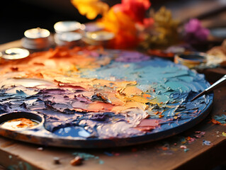 A painted artist palette with blue and black paint brush
