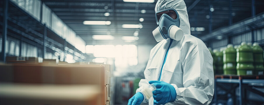 Epidemic theme. Man in protective white suit tanding in factory or warehouse. copy space for your text.
