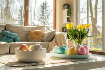 Fototapeta na wymiar Cozy Home Interior with Fresh Tulips and Fruit Bowl