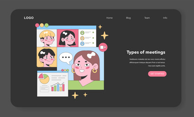 Fototapeta na wymiar Virtual meeting interface showcasing diverse team members with colorful avatars, alongside a data-driven presentation. Interaction and communication are at the forefront. Flat vector illustration