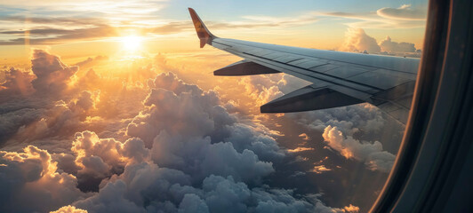 Fototapeta premium Airplane Wing Over Clouds at Golden Sunrise