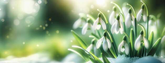 Banner with copy space,snowdrops piercing through snow on sun day. Design for spring greeting cards or electronic greetings.Educational materials related to spring phenomena in nature.