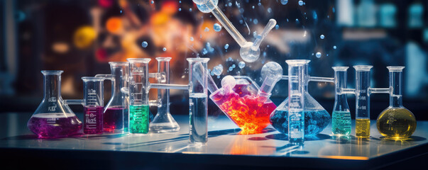 laboratory chemical glasses research and development, science and chemistry concept - obrazy, fototapety, plakaty