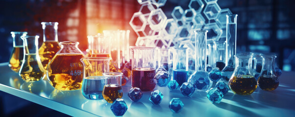 laboratory chemical glasses research and development, science and chemistry concept - obrazy, fototapety, plakaty