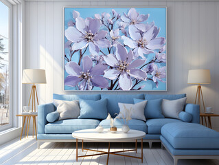 A painting of blue flowers in the snow