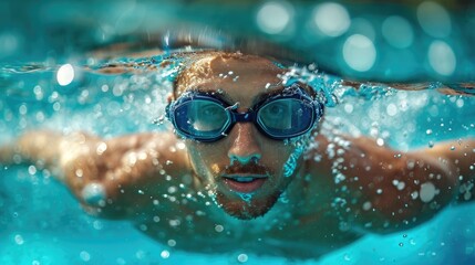 Fototapeta premium A determined swimmer dives into the crystal clear water, gliding effortlessly with the help of his trusty goggles and swim cap, fully immersed in the invigorating sport of swimming
