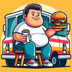 Fat man is eating a sandwich