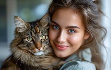A smiling woman poses with her beloved domestic cat, their fur and skin contrasting in a beautiful portrait capturing the deep bond between human and feline