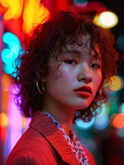 Teen Chinese Woman with Brown Curly Hair vintage photo. Portrait of a person in 1980s aesthetics. Punk fashion. Historic photo Ai Generated Photorealistic Vertical Image.