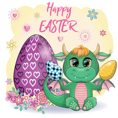 Cute cartoon green baby dragon with an easter egg. Symbol of 2024 according to the Chinese calendar