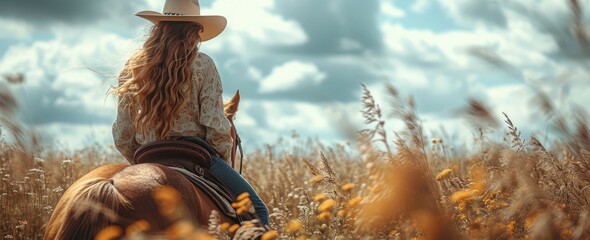 Amidst the golden sea of grass, a woman with her trusty horse rides towards the endless sky, donning a rustic cowboy hat as the sun's warm rays dance upon her sun hat