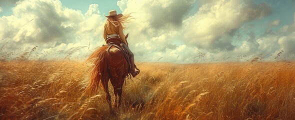 A free-spirited woman gallops across the lush field, her loyal horse by her side, under a vast sky adorned with fluffy clouds