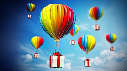 Naklejka premium Colorful hot air balloons carying white giftbox wrapped with red ribbon. 3D illustration