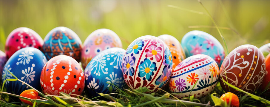 Painted eggs in green grass. Colorful Easter eggs in row.