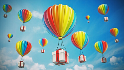 Obraz premium Colorful hot air balloon carying white giftbox wrapped with red ribbon. 3D illustration