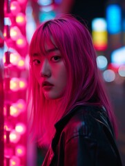 Obraz na płótnie Canvas Teen Chinese Woman with Pink Straight Hair vintage photo. Portrait of a person in 1980s aesthetics. Punk fashion. Historic photo Ai Generated Photorealistic Vertical Image.